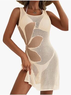 Women’s Cream Crochet Beach Cover-Up Dress with Tan Floral Accent